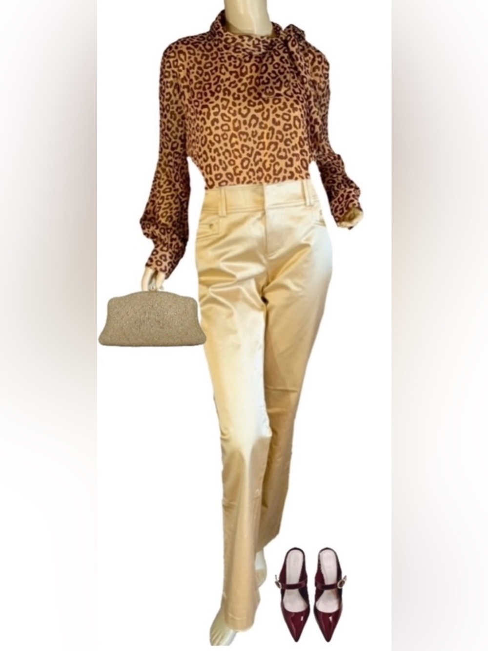 ANN TAYLOR TAN & BROWN LEOPARD PRINT SHIMMER TOP BLOUSE WITH BOW (L)